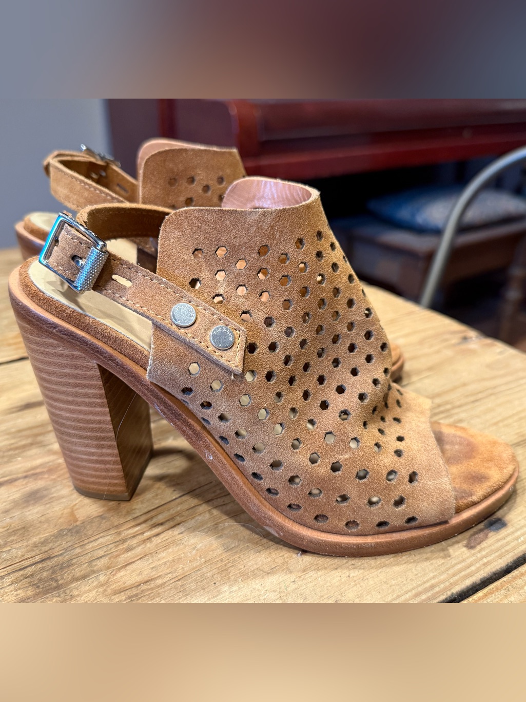 Rag & Bone Tan Perforated Suede Block Heel Slingback Sandals